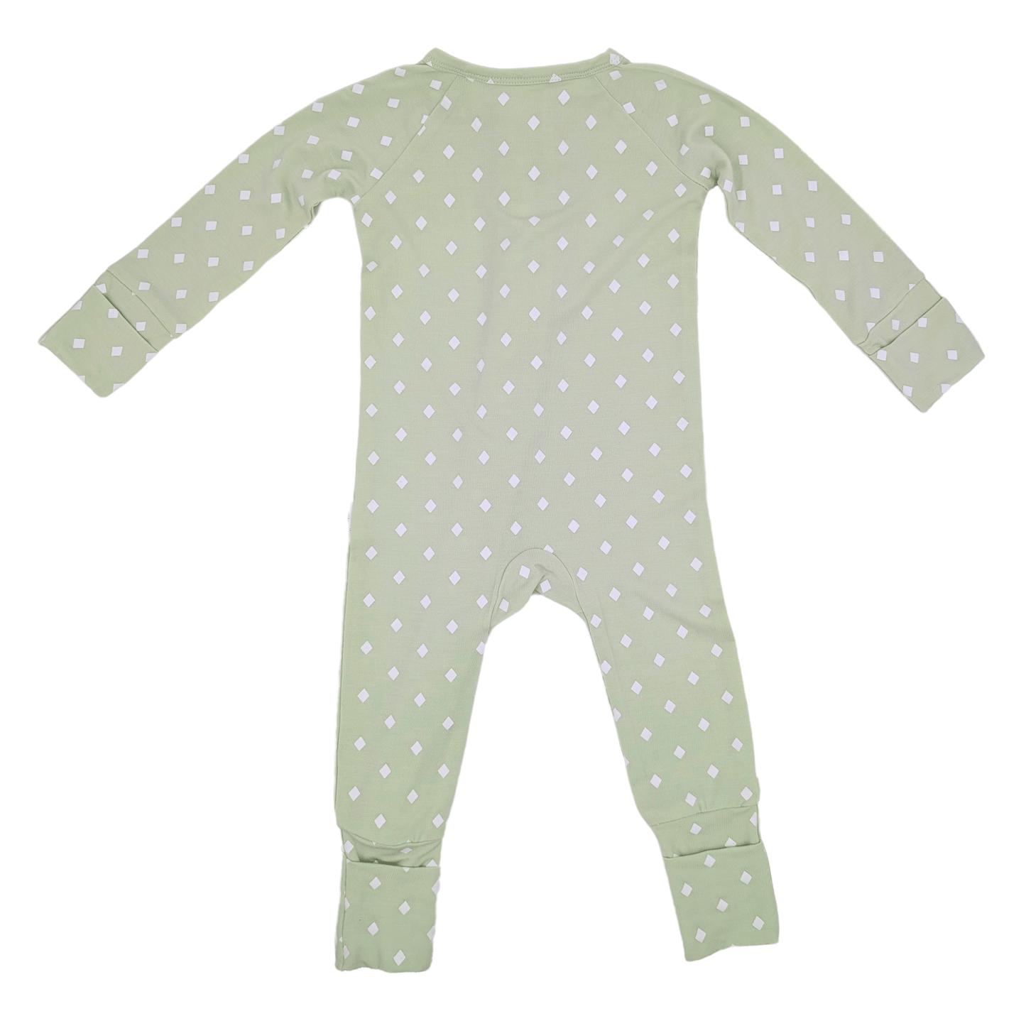 Retro della tutina in bambù verde, morbida e traspirante per il massimo comfort del neonato.