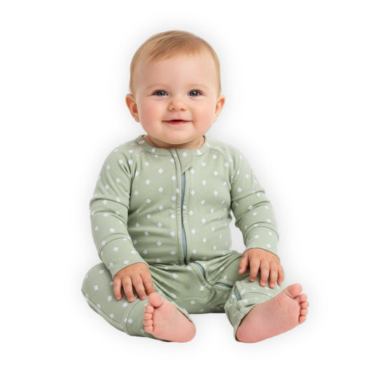 Tutina in bambù verde per neonato con zip, tessuto naturale morbido e traspirante