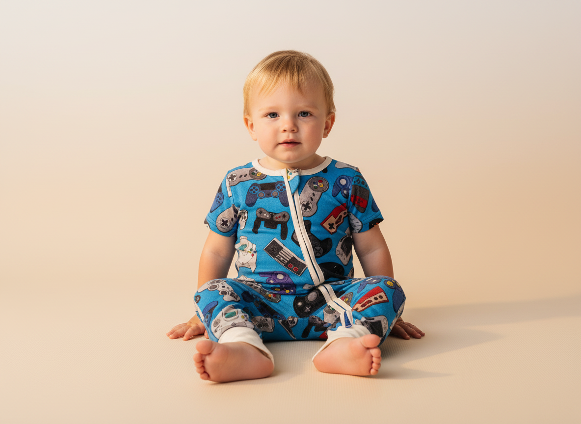 Bimbo 12-24 mesi in tutina ecologica 95% bambù con stampa controller videogiochi e zip diagonale, in braccio alla mamma, foto catalogo kidswear sostenibile con illuminazione morbida
