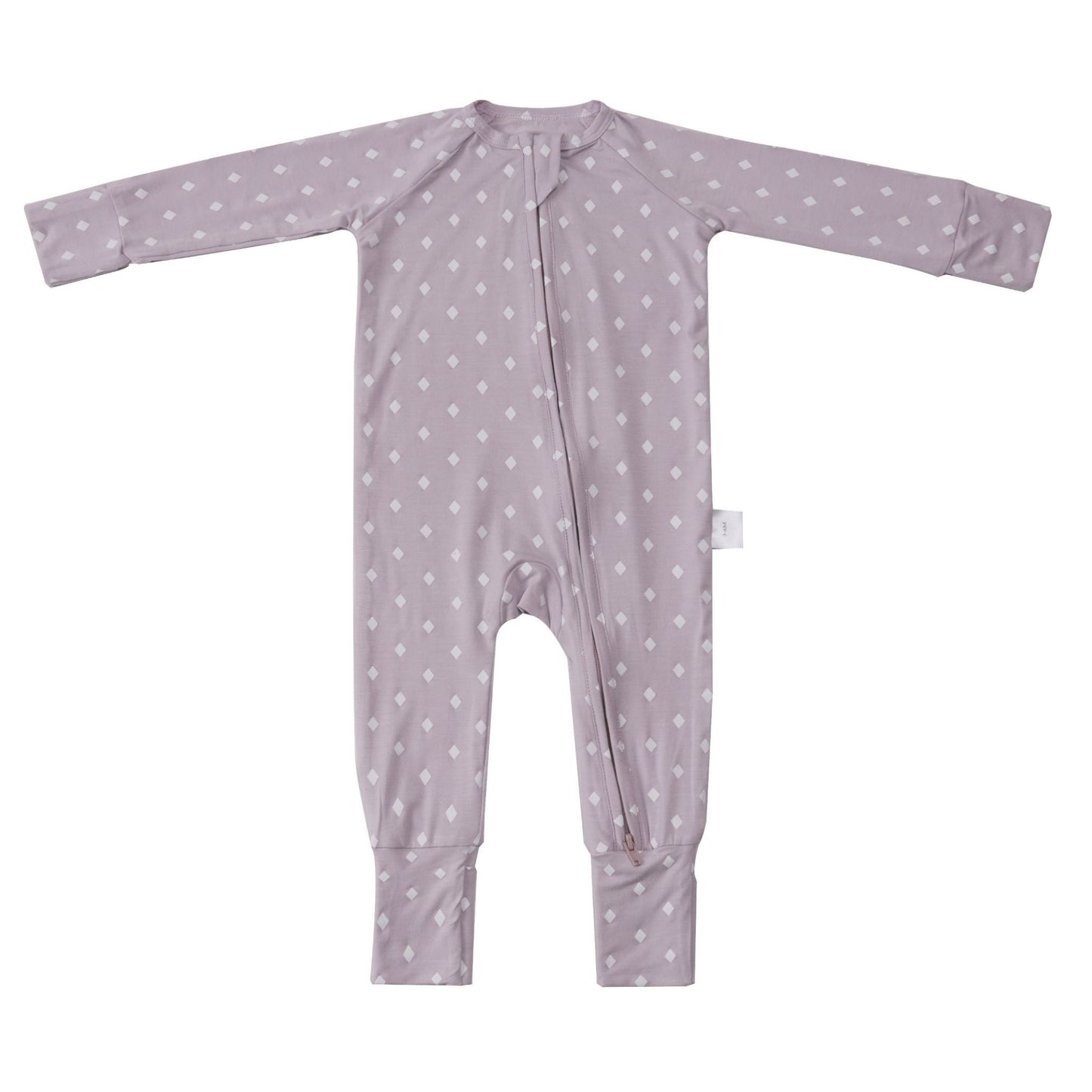 Tutina in bambù lilla a pois con cerniera, comoda e sostenibile per neonati.